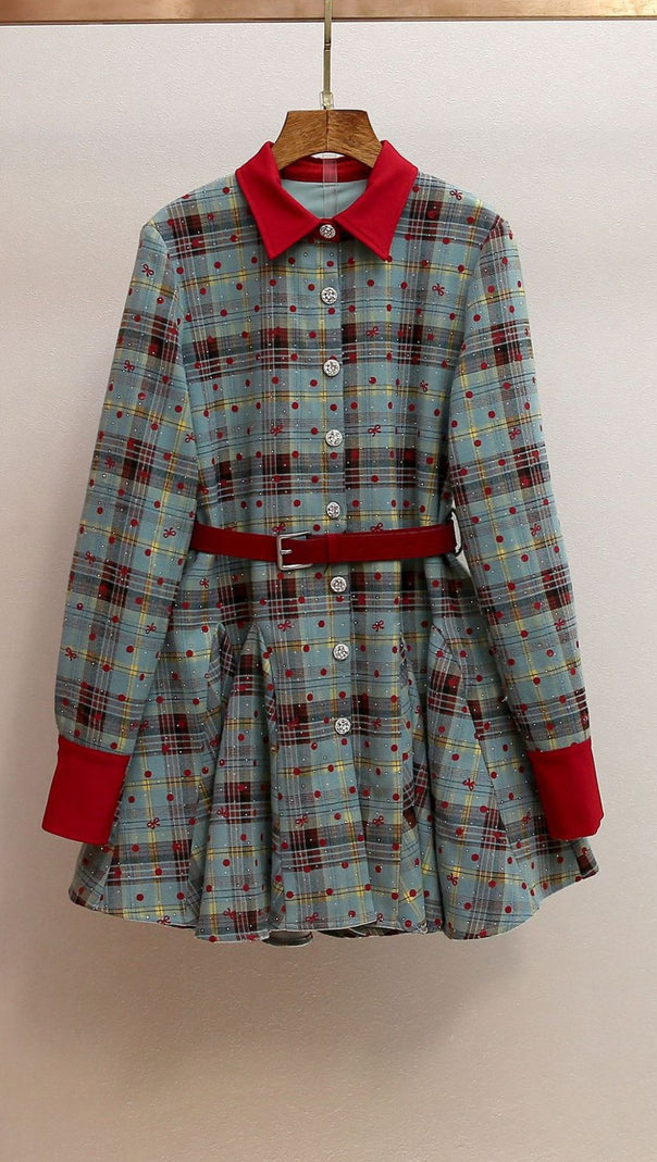 AIIZIE HUMLA PLAID BOW MINI DRESS WITH RED COLLAR & BELT - FESTIVE CHIC FOR WOMEN - product image
