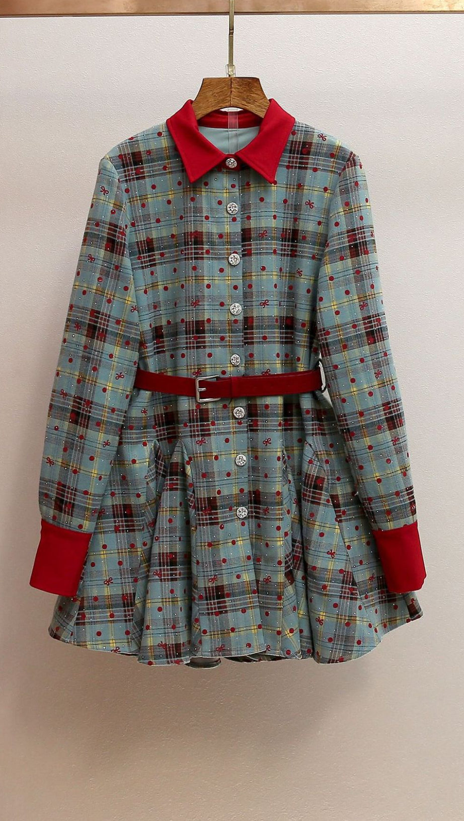 HUMLA PLAID BOW MINI DRESS WITH RED COLLAR & BELT - FESTIVE CHIC FOR WOMEN