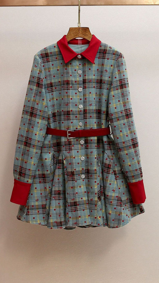 AIIZIE HUMLA PLAID BOW MINI DRESS WITH RED COLLAR & BELT - FESTIVE CHIC FOR WOMEN - product image