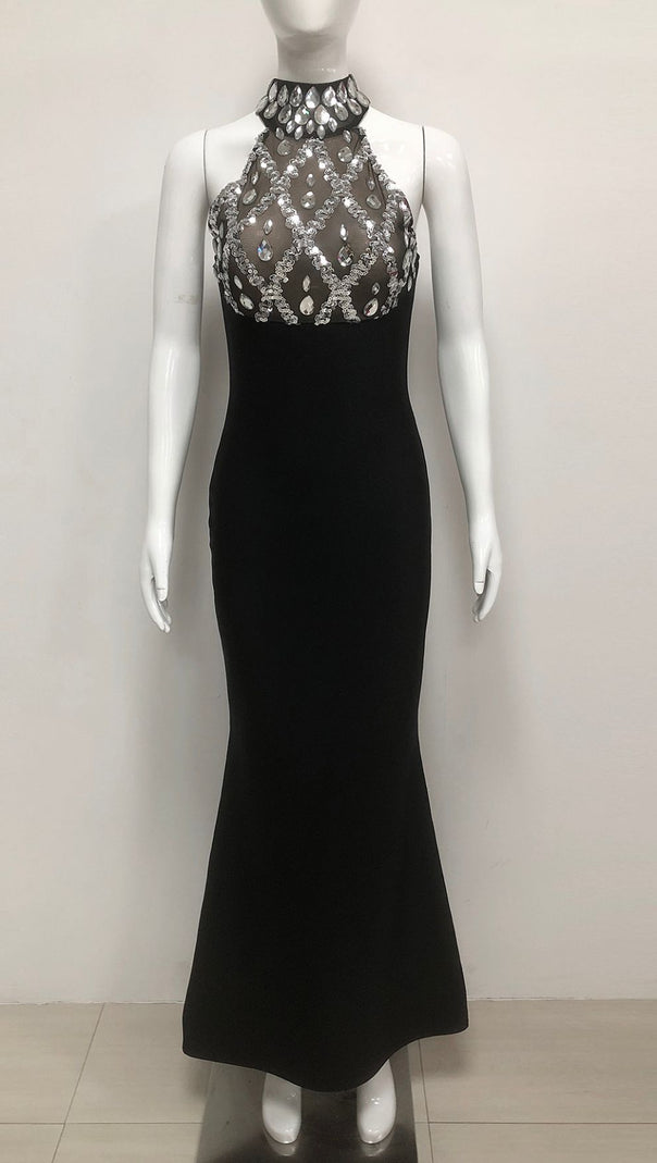 AIIZIE Iwao Black Halter Rhinestone Maxi Gown - Show-Stopping Sparkle & Elegance - product image