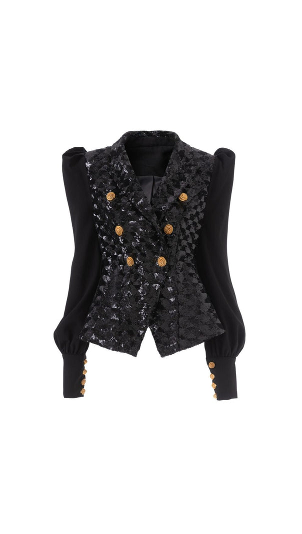 AIIZIE HEIRESS GLAMOROUS BLACK SEQUIN DOUBLE-BREASTED BLAZER JACKET - product image