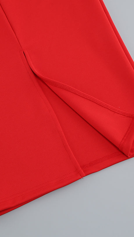 OFF-SHOULDER FEATHER PANEL RED DRESS