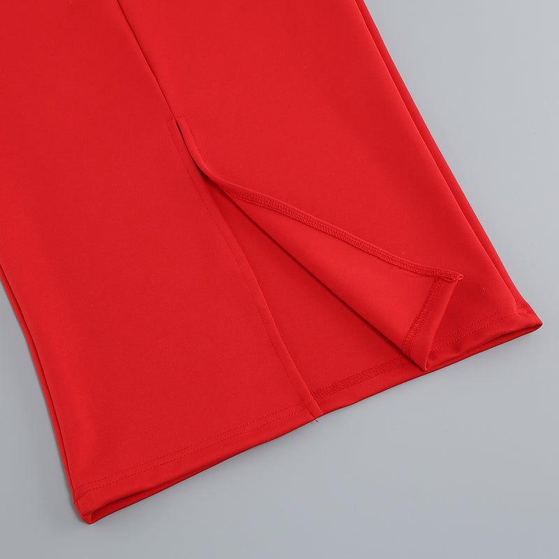 Off-shoulder feather panel red dress