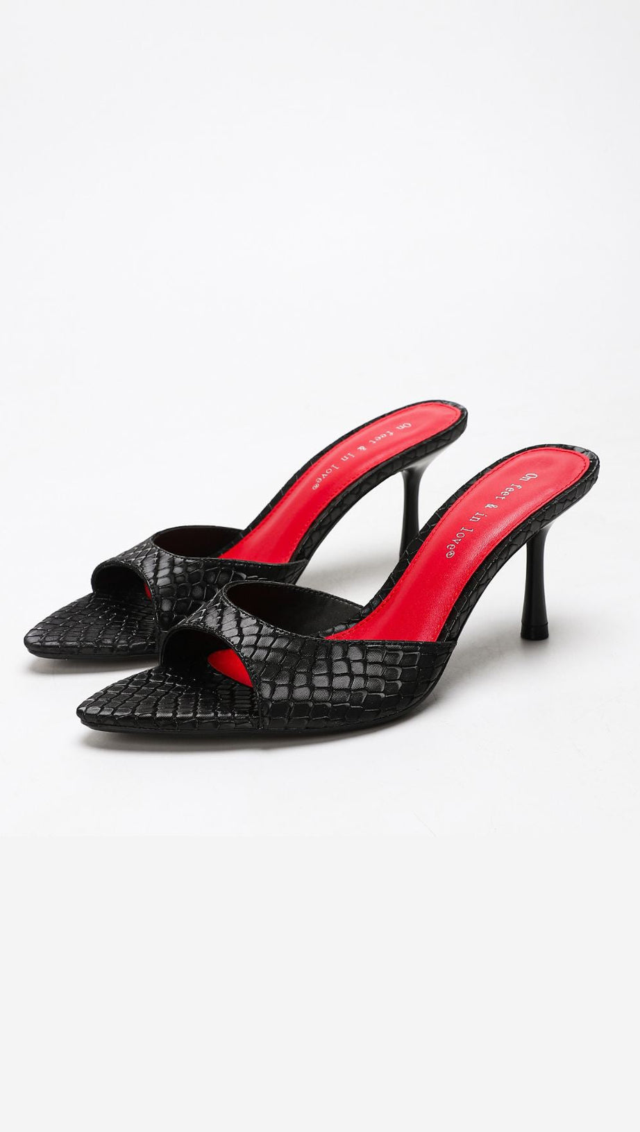 HOOPER BLACK CROC-EMBOSSED POINTED TOE MULES | STILETTO HEELS WITH RED INSOLE