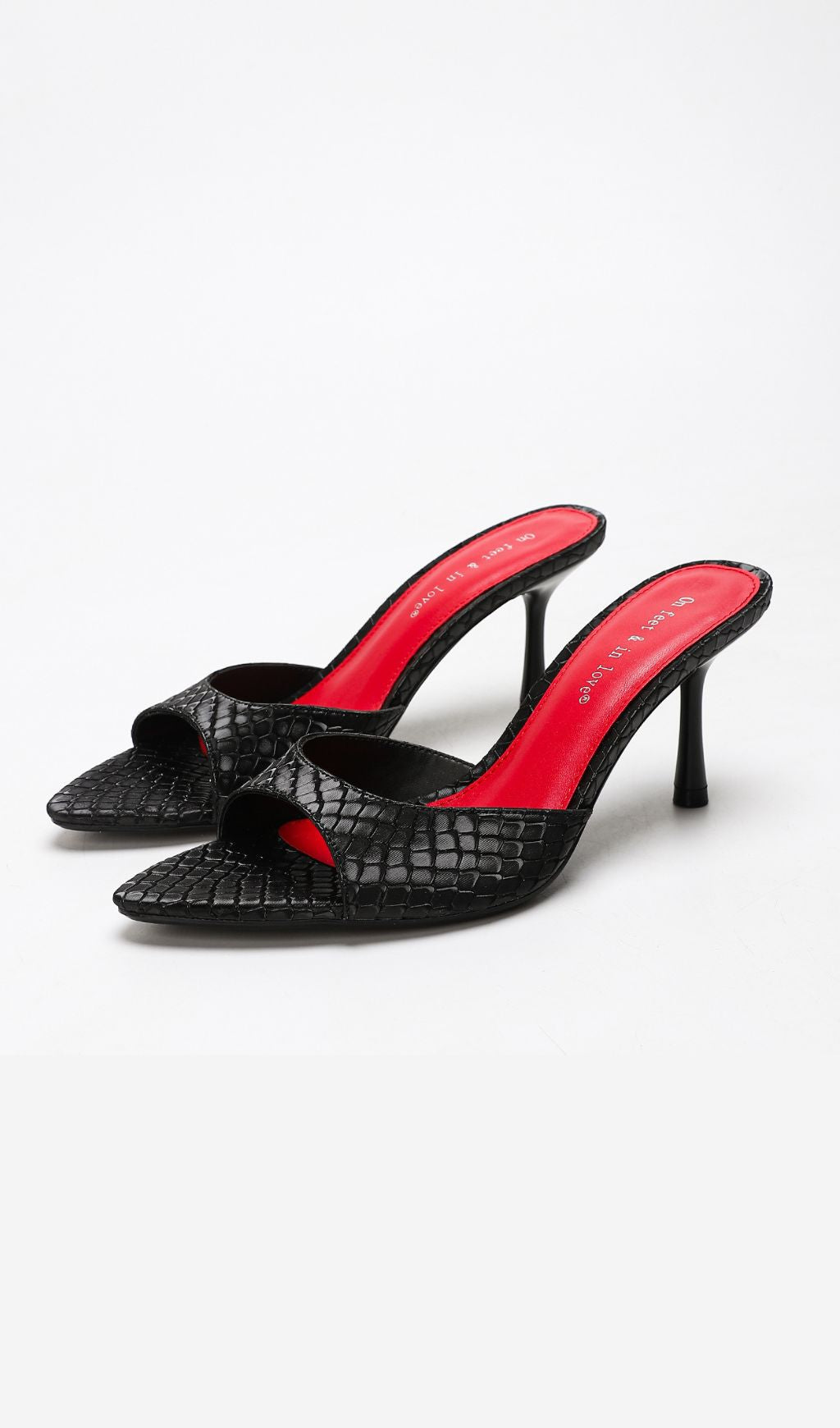 HOOPER BLACK CROC-EMBOSSED POINTED TOE MULES | STILETTO HEELS WITH RED INSOLE