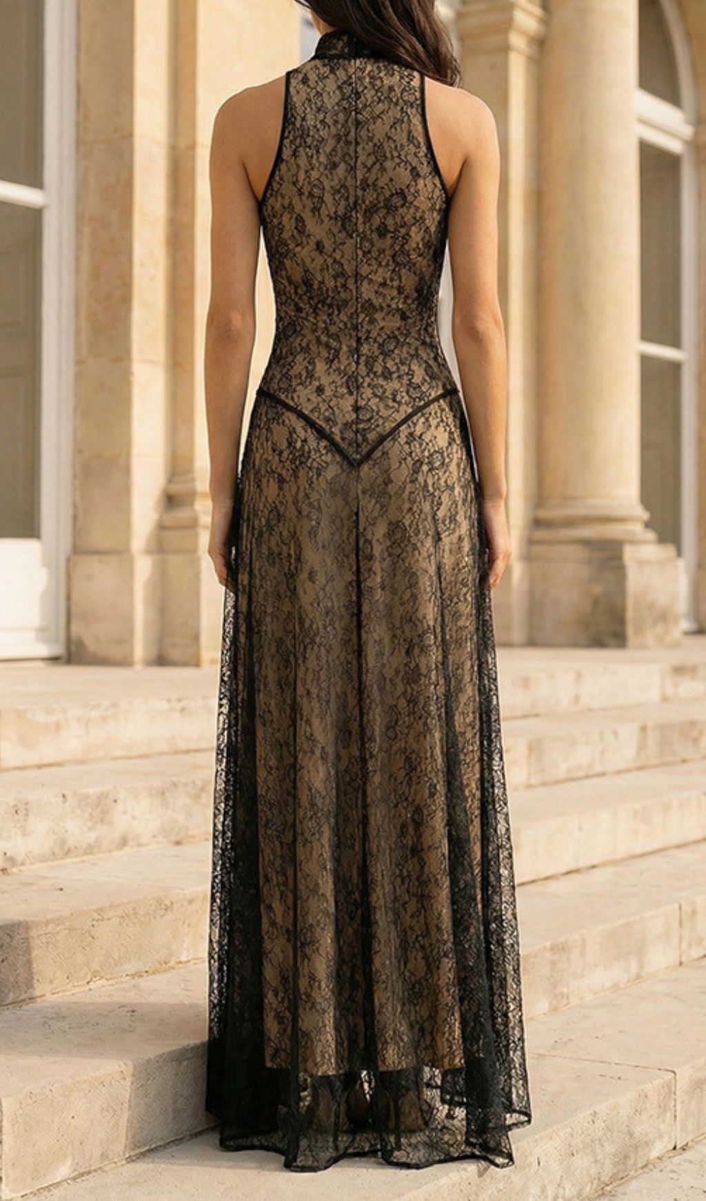Jagna Black Lace Mock Neck Maxi Gown - Elegant Formal Evening Dress
