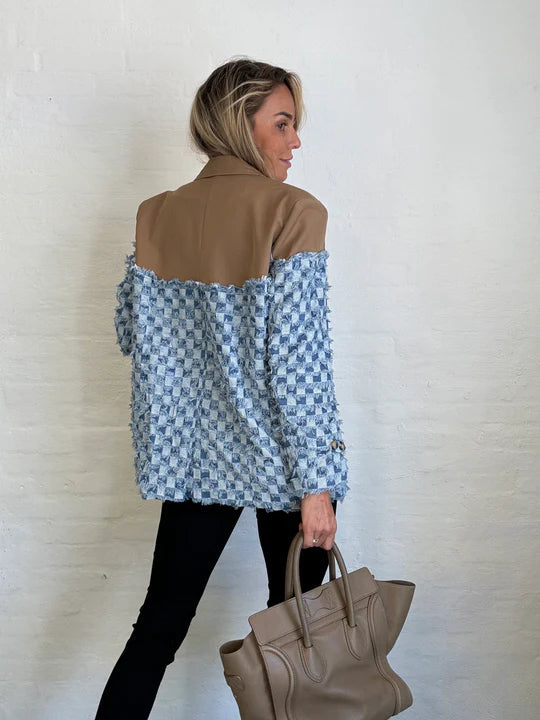 TWO-TONE DENIM CHECKS BLAZER IN KAHKI