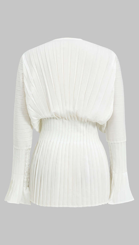 PLEATED BELL SLEEVE V-NECK MINI DRESS IN WHITE