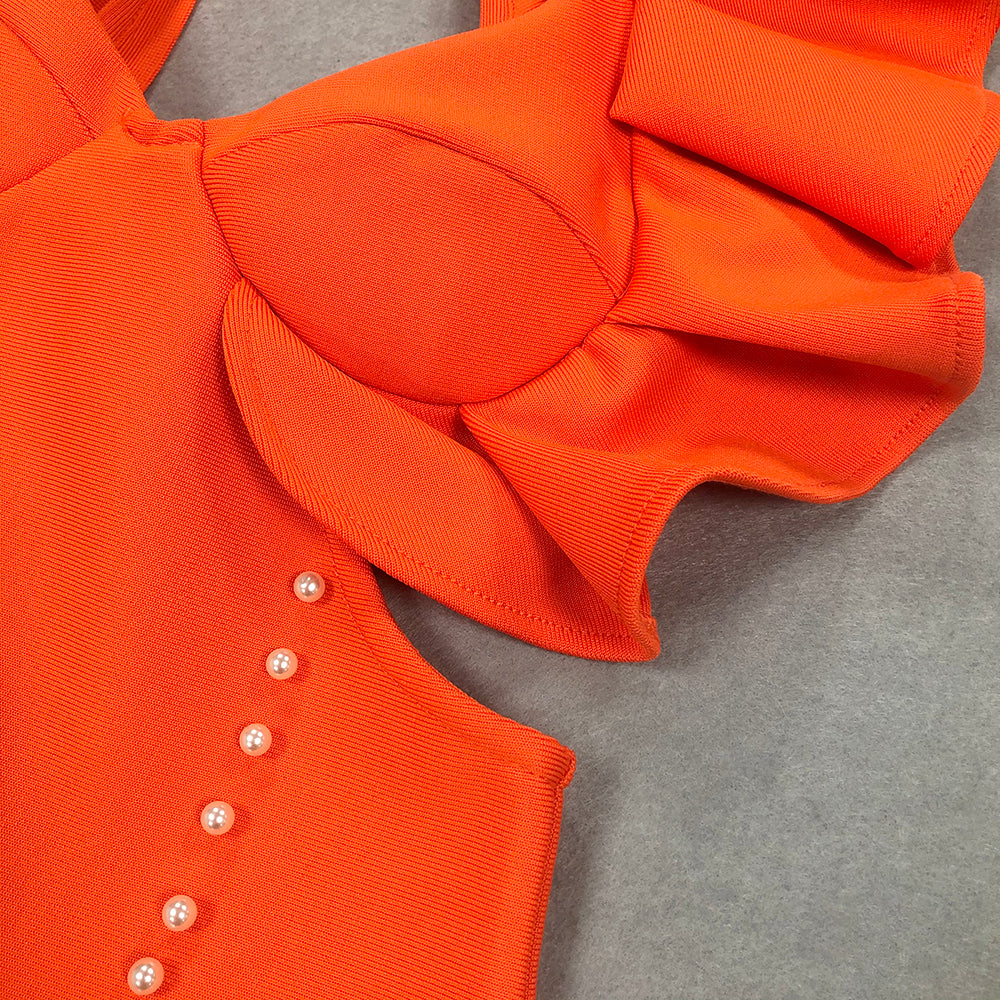 TOBEY – ORANGE MIDIKLEID MIT PERLENVERZIERUNG UND RÜSCHENBESATZ