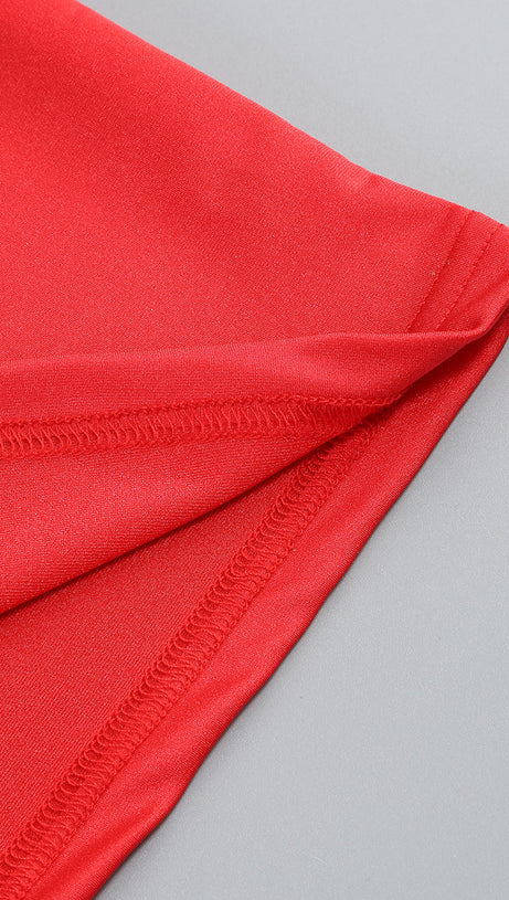 OFF-SHOULDER FLOWER EMBELLISHED GATHERED MAXI DRESS IN RED