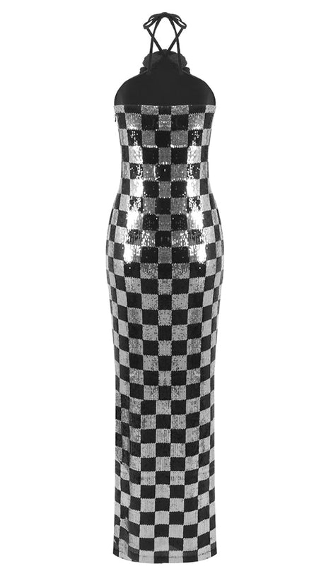 CHECKERBOARD SEQUIN HALTER GOWN WITH FLOWER