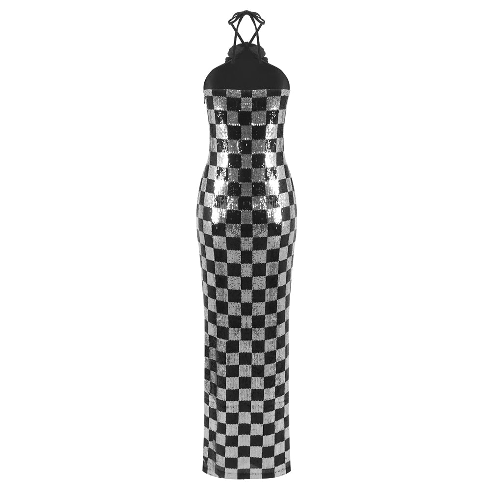 AIIZIE CHECKERBOARD SEQUIN HALTER GOWN WITH FLOWER - product image