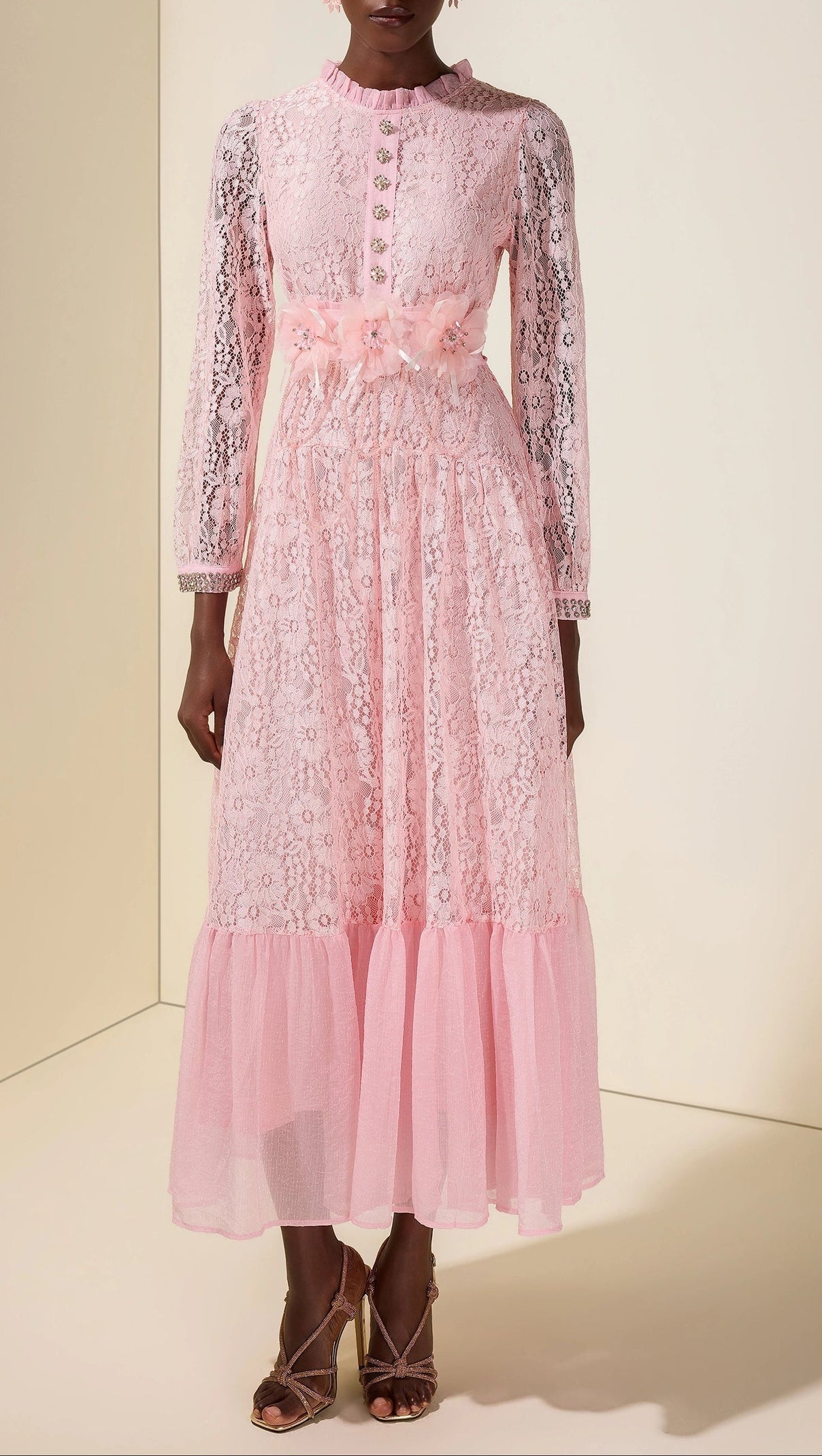 virginia Lace 3D Flower Rhinestone Rivets Midi Dress - pink