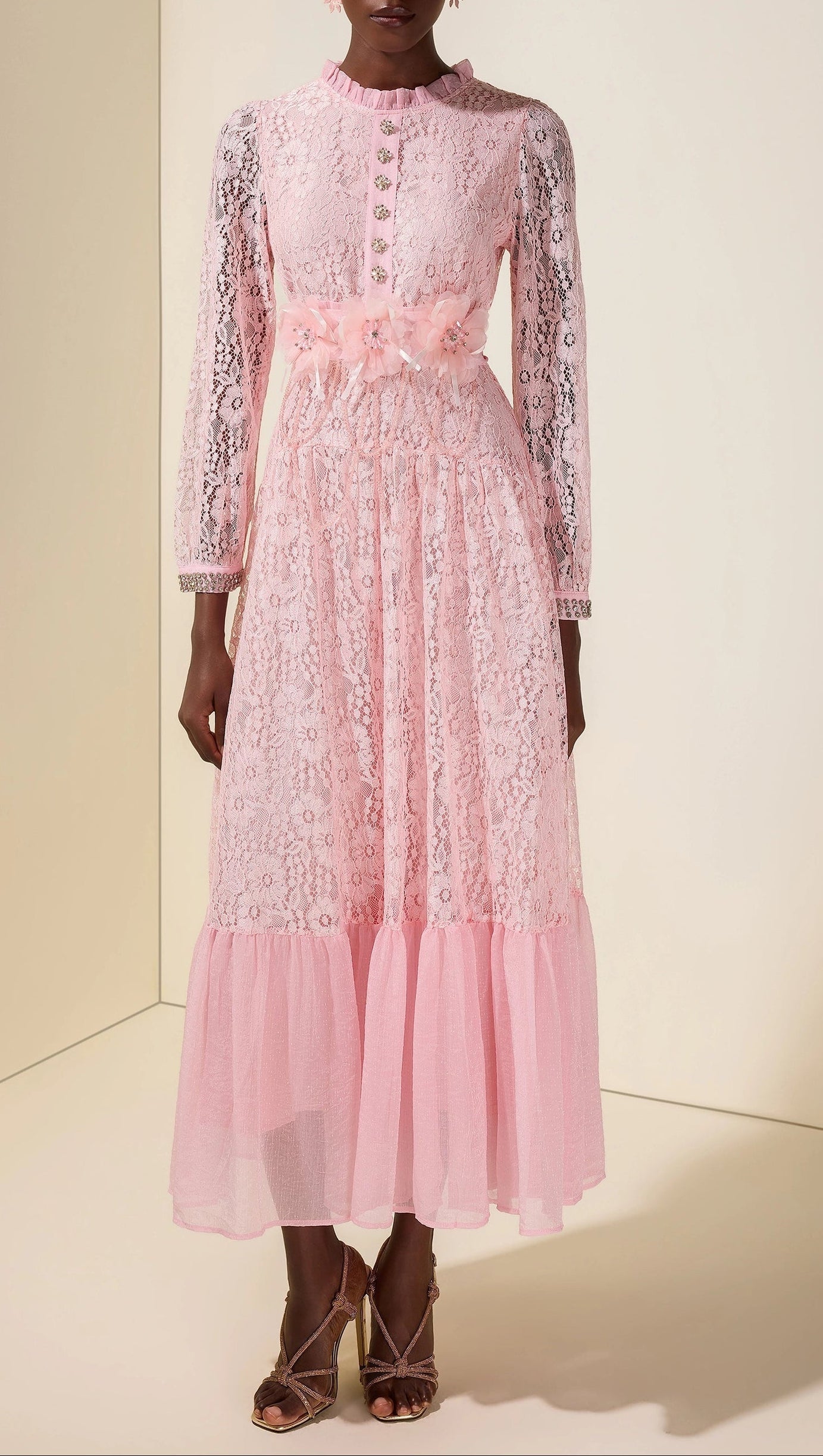 virginia Lace 3D Flower Rhinestone Rivets Midi Dress - pink