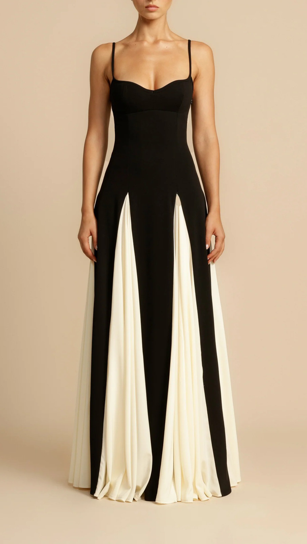 AIIZIE CLOTILDE CONTRAST COLOR SUSPENDER MAXI DRESS IN BLACK - product image