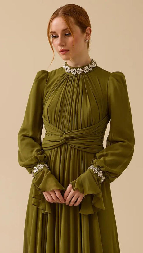 alyssa puff long sleeve pleated silk maxi dress in green