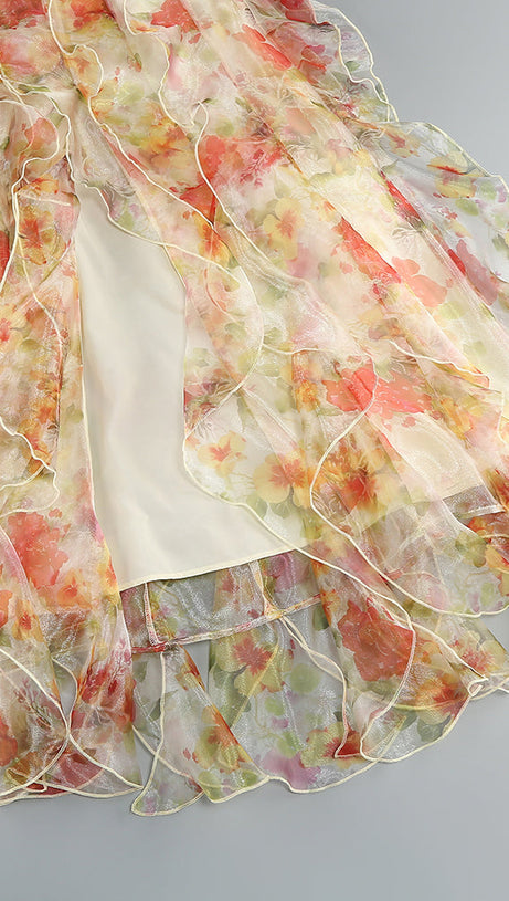 BELINDA YELLOW FLORAL VERTICAL RUFFLE TRIM MAXI DRESS