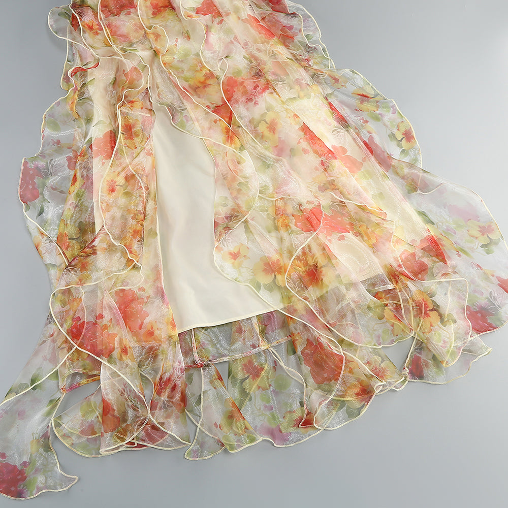 AIIZIE BELINDA YELLOW FLORAL VERTICAL RUFFLE TRIM MAXI DRESS - product image