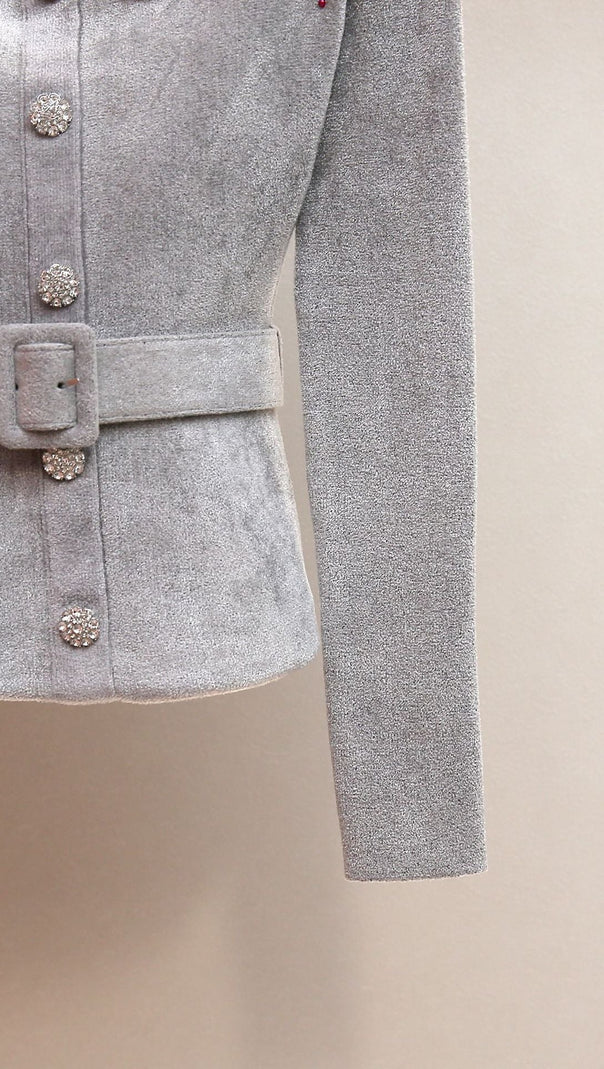 AIIZIE GLAMOROUS HARLEAN GREY DIAMANTE OFF-SHOULDER BELTED PEPLUM CARDIGAN - product image