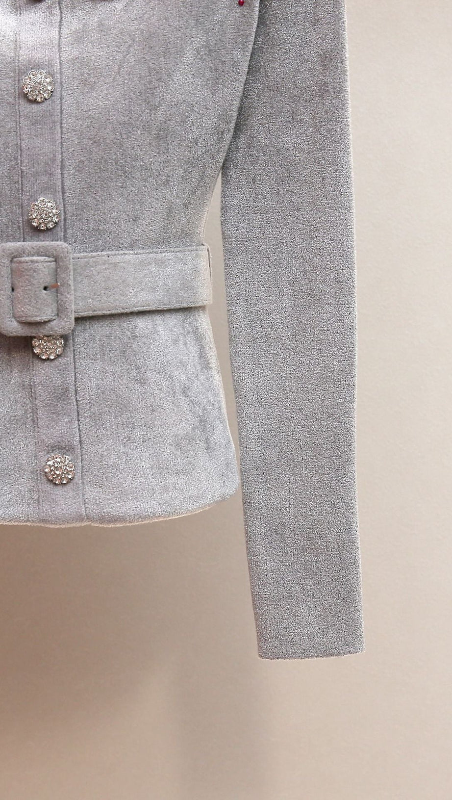 GLAMOROUS HARLEAN GREY DIAMANTE OFF-SHOULDER BELTED PEPLUM CARDIGAN