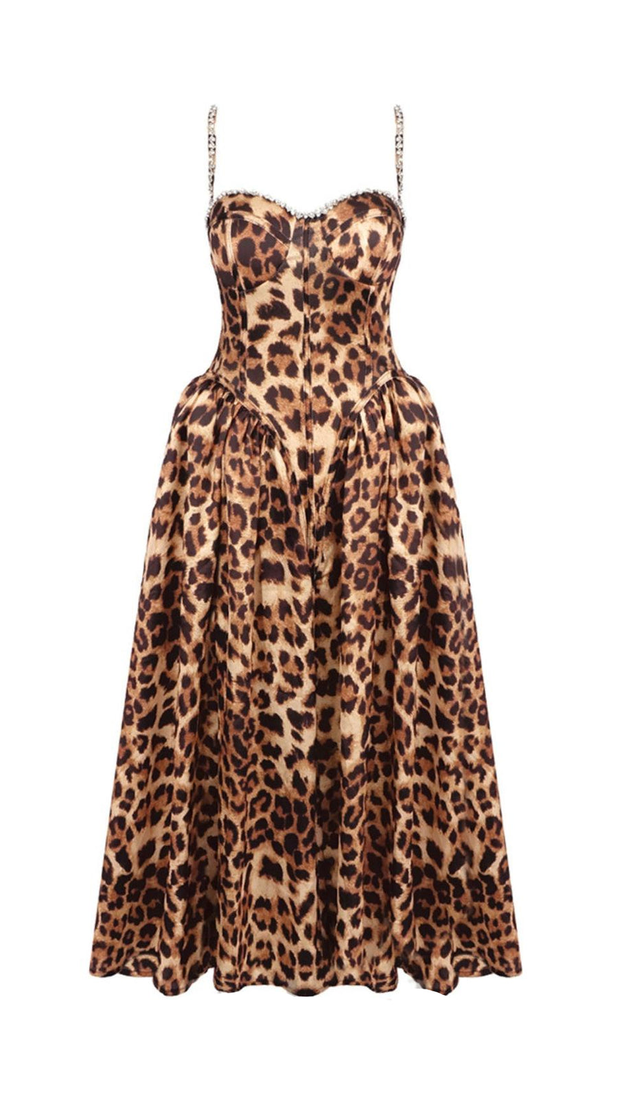ANIMAL PRINT CRYSTAL BUSTIER A LINE MIDI DRESS