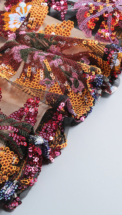 RUFFLE FLORAL SEQUIN EMBROIDERED MINI DRESS