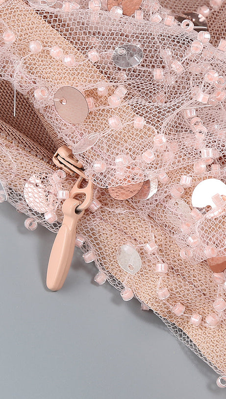 CRYSTAL LEAF EMBELLISHED SEQUIN MAXI DRESS IN PALE BROWN