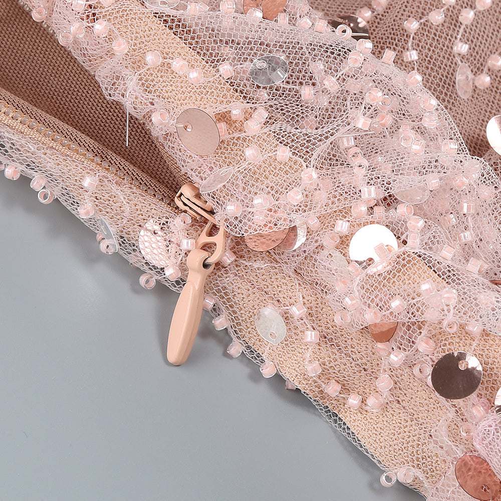 AIIZIE CRYSTAL LEAF EMBELLISHED SEQUIN MAXI DRESS IN PALE BROWN - product image