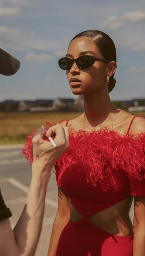 OFF-SHOULDER FEATHER PANEL RED DRESS
