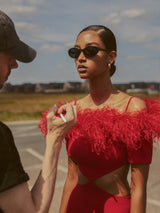 Off-shoulder feather panel red dress