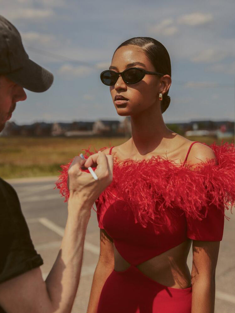 Off-shoulder feather panel red dress