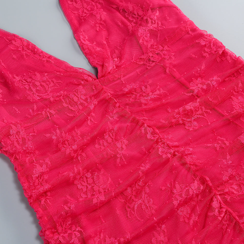 AIIZIE ADITI RUCHED LACE BODYCON MIDI DRESS IN RED - product image