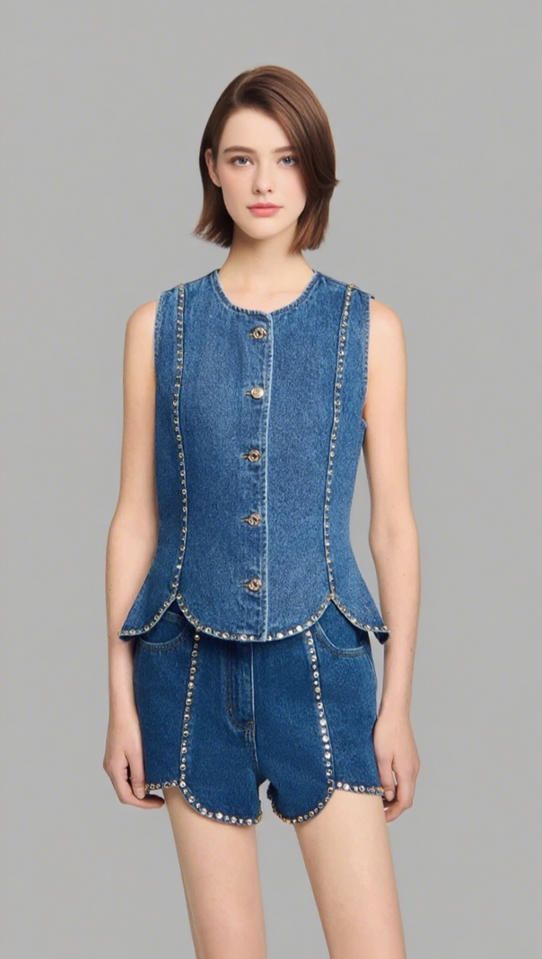 AIIZIE RHINESTONE DENIM TOP IN BLUE - product image