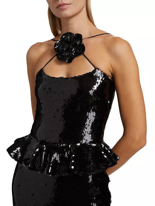 PEPLUM WAIST SEQUIN MAXI DRESS IN BLACK