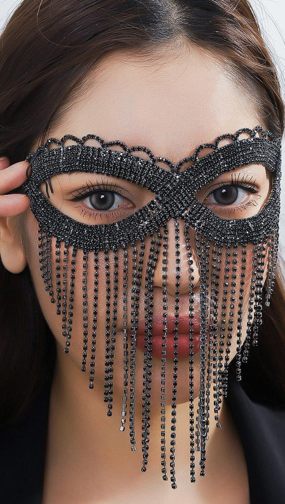 DASCHA BLACK RHINESTONE TASSEL MASK