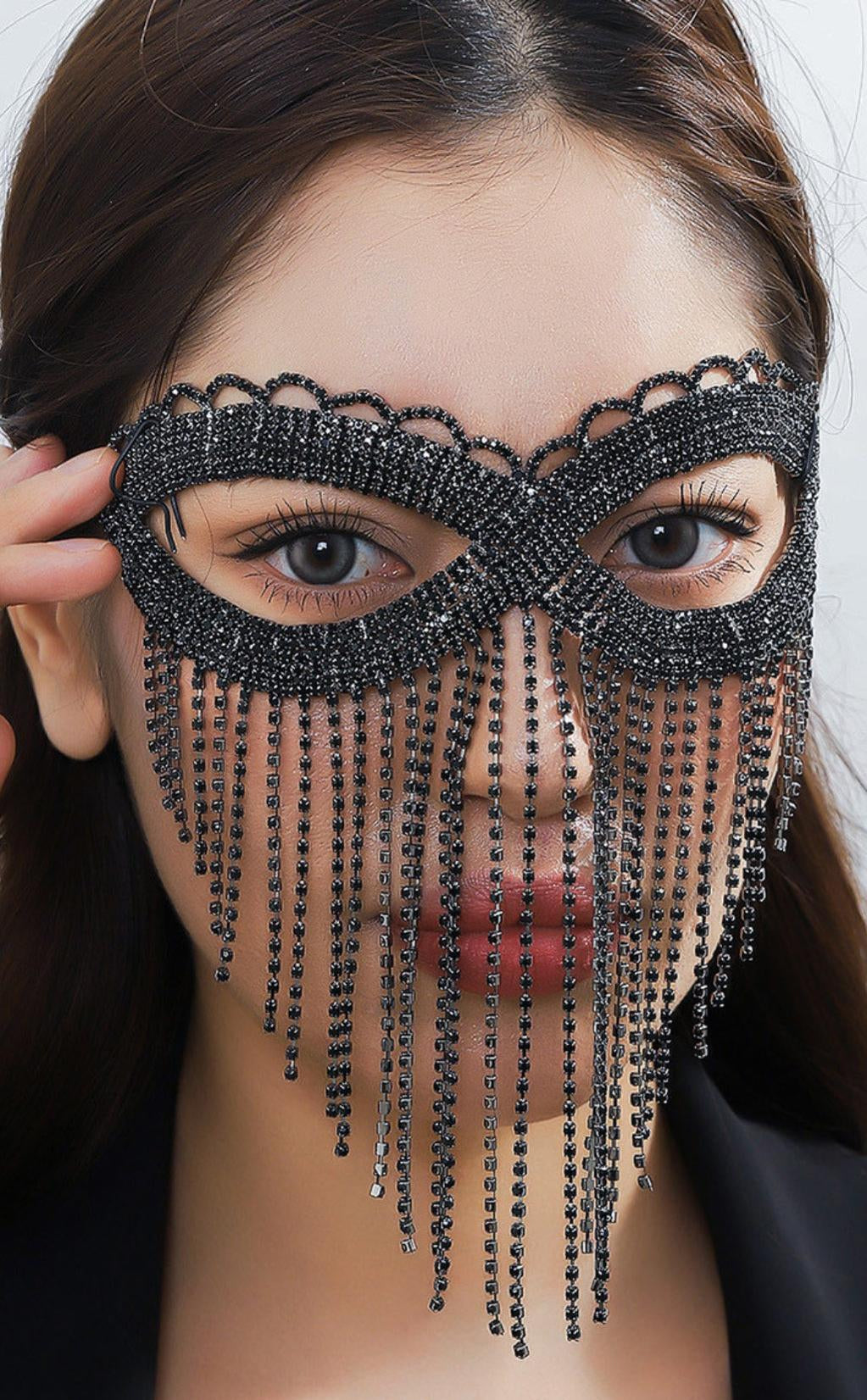 DASCHA BLACK RHINESTONE TASSEL MASK