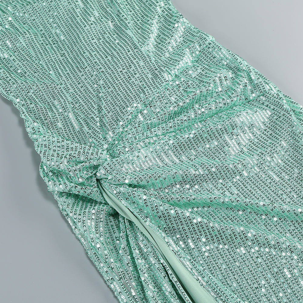 Glitzerndes, Paillettenbesetztes, gedrehtes, gerüschtes, hochgeschlitztes Unterkleid für den Abend