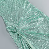 Sparkly Sequin Lace Up Twisted Ruched High Slit Slip Evening Maxi Dress