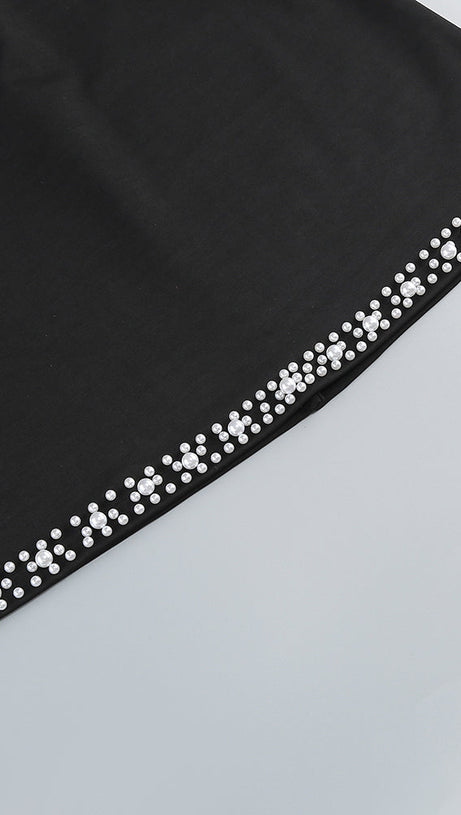 SYMMETRICAL TULLE PEARL EMBELLISHED MINI DRESS IN BLACK