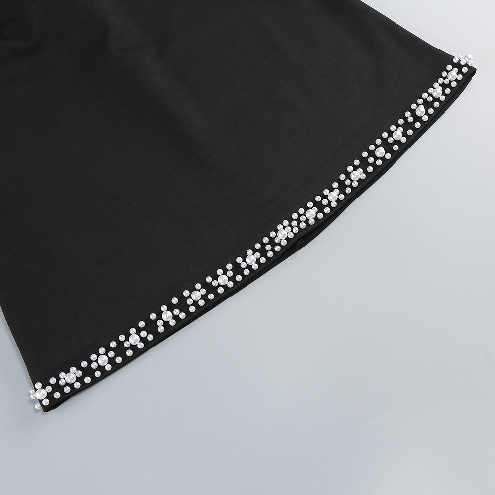 AIIZIE SYMMETRICAL TULLE PEARL EMBELLISHED MINI DRESS IN BLACK - product image