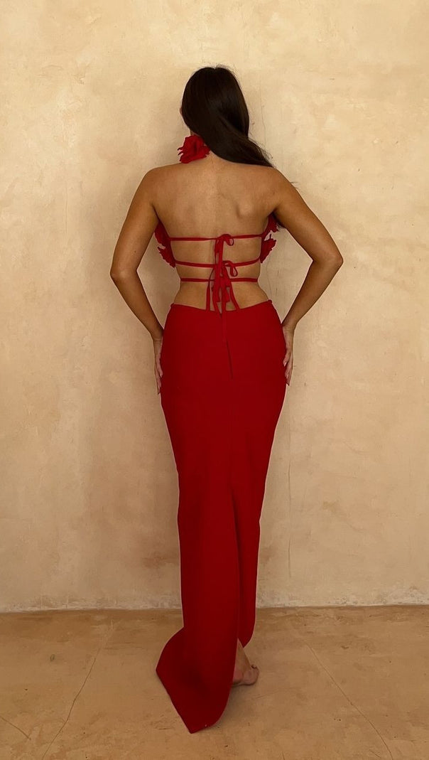 AIIZIE HALTER 3D FLOWER HOLLOW OUT BACKLESS MAXI DRESS IN RED - product image