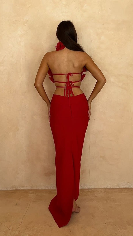 ABITO LUNGO ROSSO CON SCOLLO A V E SCHIENA SENZA SCHIENA, FIORI 3D