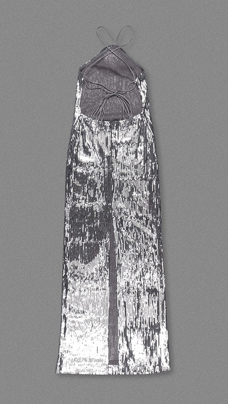 WINIFRED FLORAL-APPLIQUÉ SEQUIN MAXI DRESS SILVER