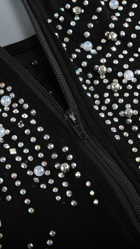 AMANDA RHINESTONE EMBELLISHED FEATHER TRIM BLACK MIDI DRESS