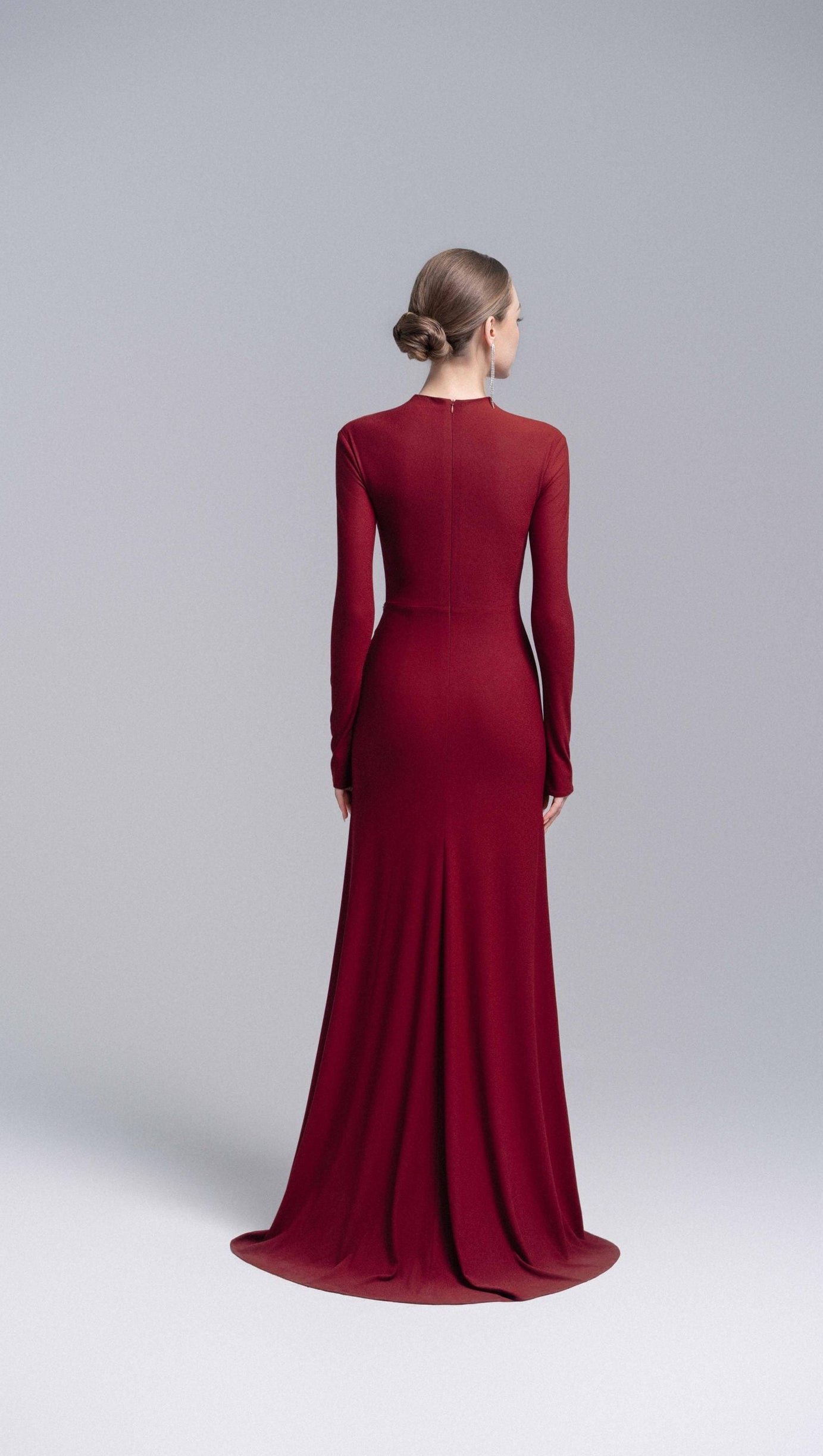 HEDWIG ROSE EMBELLISHED GATHERED SHEATH GOWN IN RED