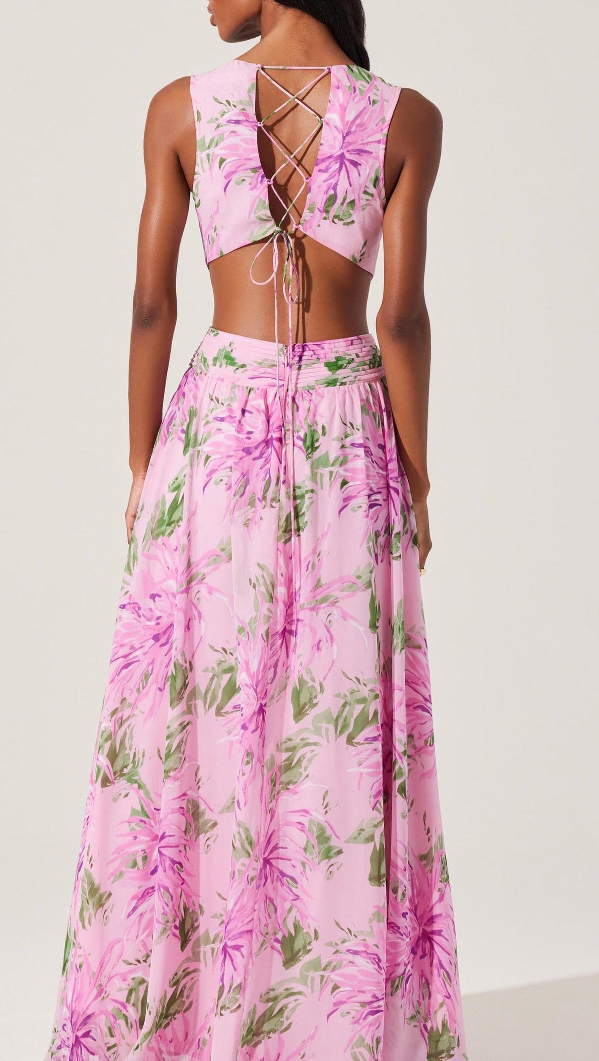 AIIZIE ALYSSA RUFFLE FLORAL CUTOUT MAXI DRESS IN PINK - product image