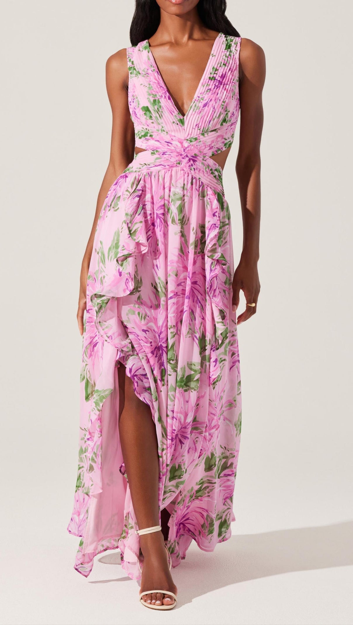 AIIZIE ALYSSA RUFFLE FLORAL CUTOUT MAXI DRESS IN PINK - product image