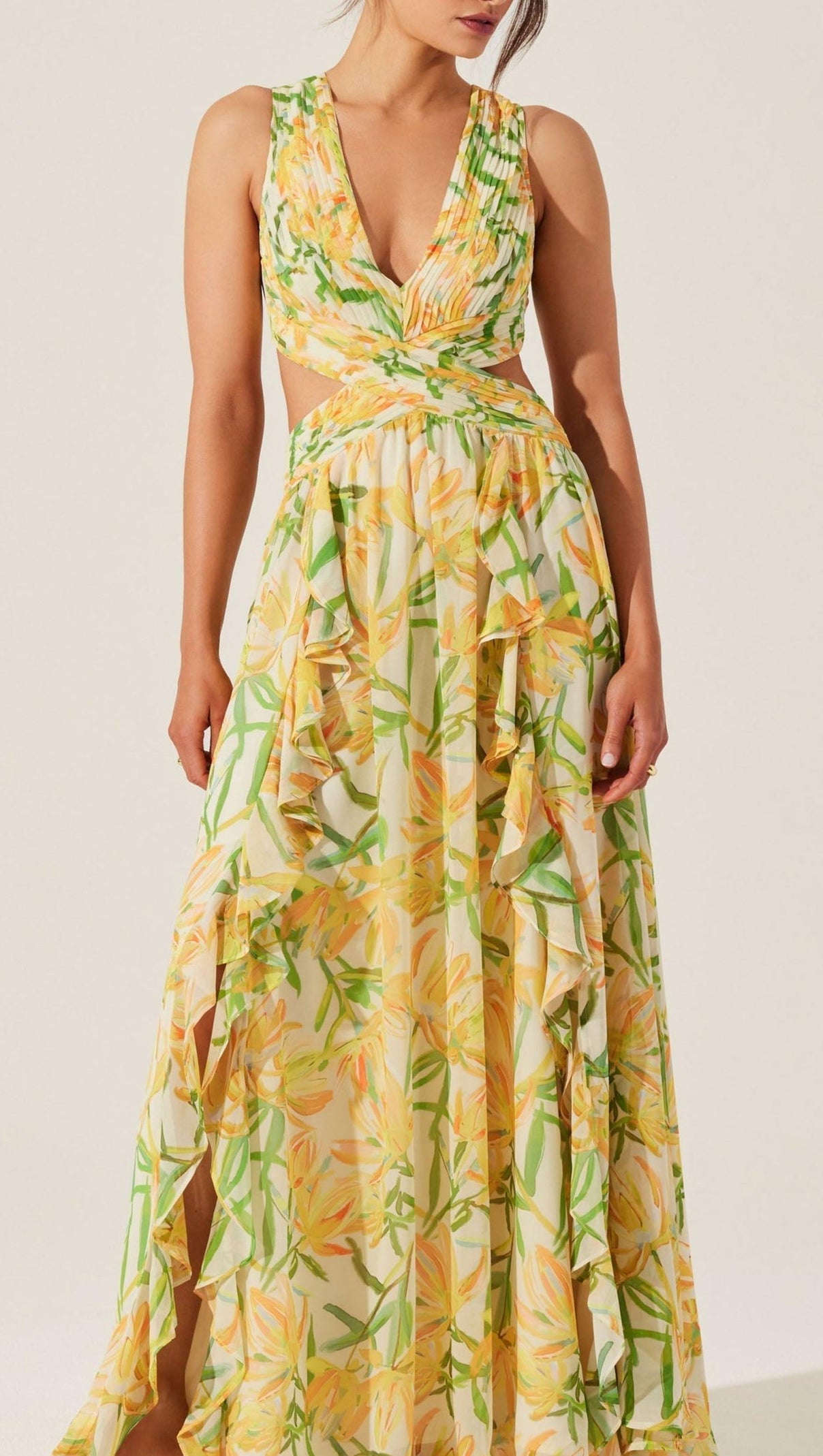 AIIZIE ALYSSA RUFFLE FLORAL CUTOUT MAXI DRESS IN YELLOW - product image