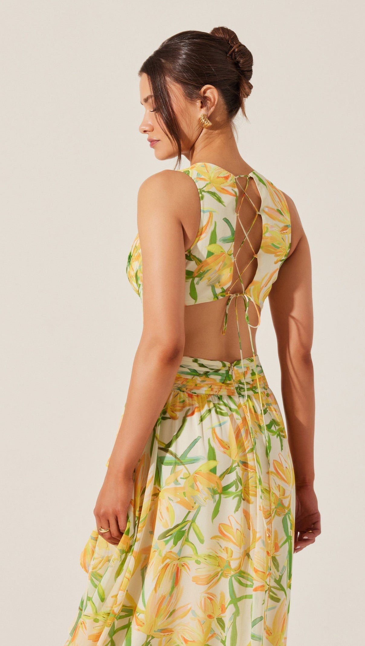 AIIZIE ALYSSA RUFFLE FLORAL CUTOUT MAXI DRESS IN YELLOW - product image