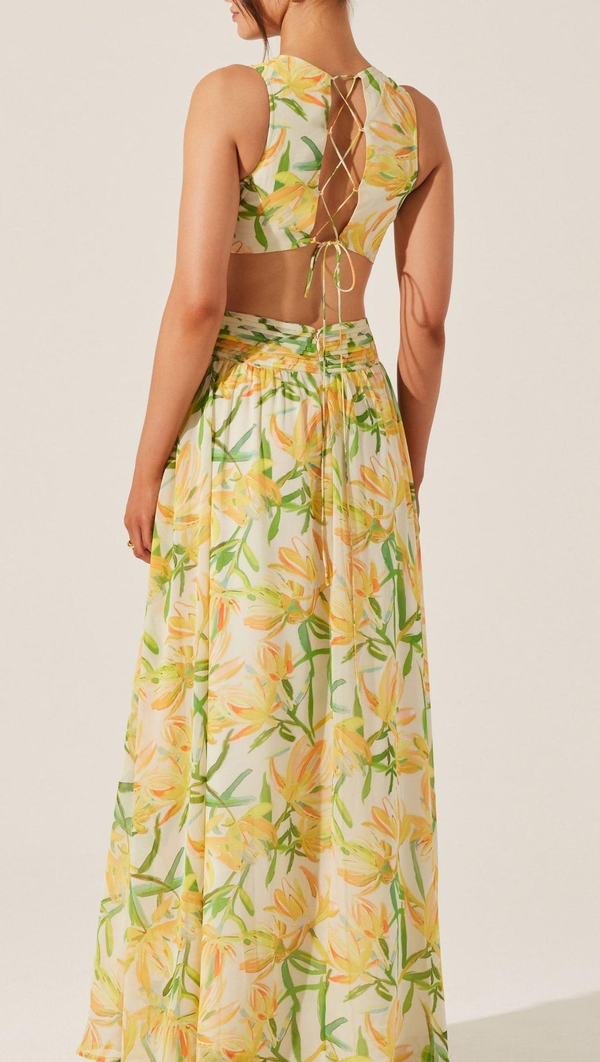 AIIZIE ALYSSA RUFFLE FLORAL CUTOUT MAXI DRESS IN YELLOW - product image